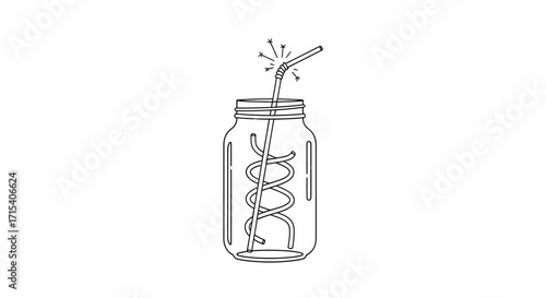 Glass Jar with Spiral Straw and Drink.