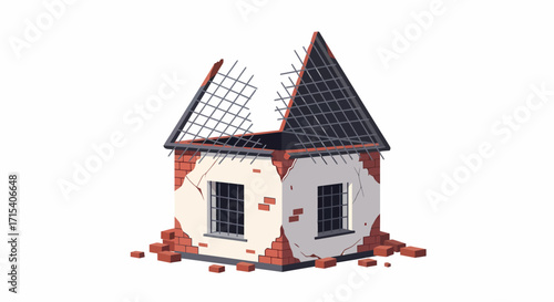 A dilapidated old house with crumbling brick walls and a destroyed roof structure.