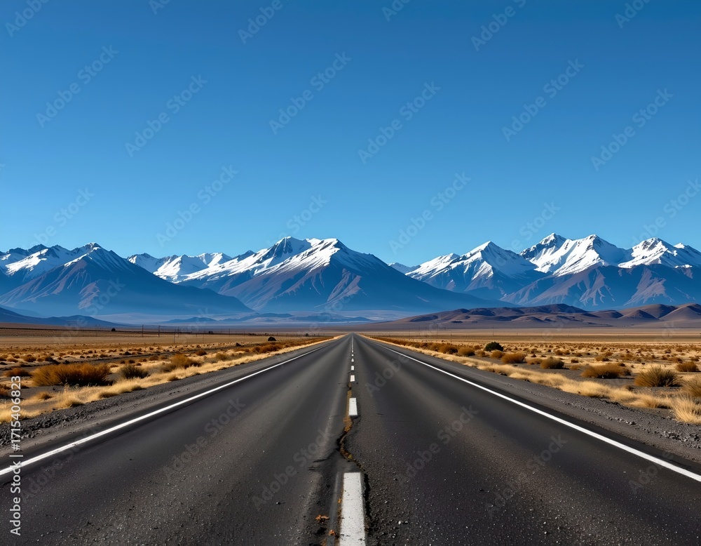 Fototapeta premium Long Road Leading Snowcapped Mountain Range