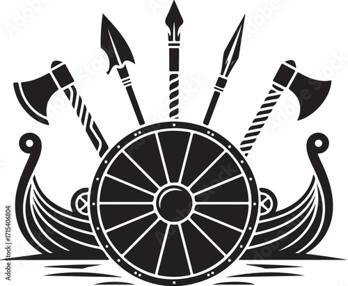 Viking warrior symbols shield axes spears longship