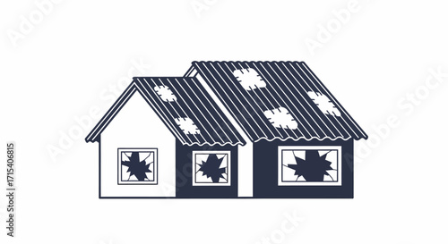 Black and white graphic of a destroyed home with broken windows and holes in the roof.