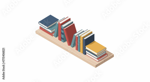 Colorful Books Stacked on a Wooden Shelf.