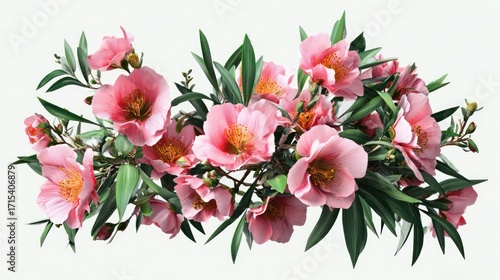 Beautiful arrangement of pink oleander flowers and green leaves