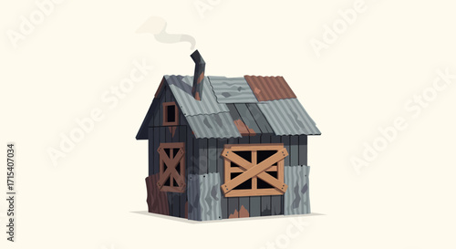 An old dilapidated shack with a patched corrugated metal roof boardedup windows and a smoking chimney.