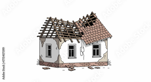 Damaged house with partially collapsed roof and exposed rafters cartoon illustration.