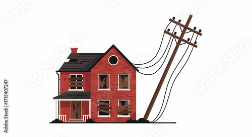 Damaged Brick House with Fallen Power Pole.