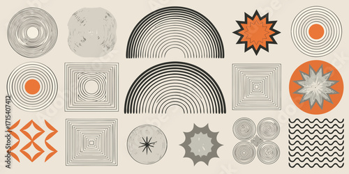 Abstract geometric shapes and patterns in a minimalist retro design with a muted color palette