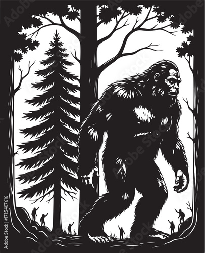 Mysterious bigfoot roaming forest landscape silhouette