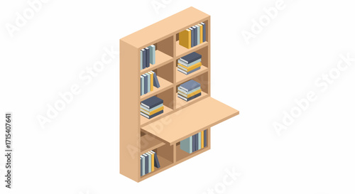 Isometric Wooden Bookshelf with Books and FoldOut Desk.