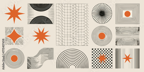 Abstract geometric composition with starbursts circles squares and lines on beige background