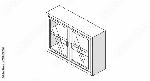 Isometric line art illustration of a wallmounted cabinet with two glass doors.