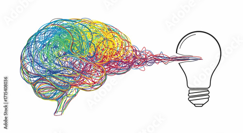 Colorful Abstract Brain Generating Creative Ideas into a Light Bulb.