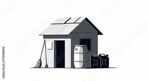 Illustrated Shed with Broom Barrels and Jerrycans.