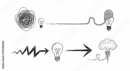 Handdrawn illustrations of idea generation process from tangled thoughts to organized solutions.