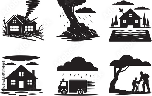 Disaster icons show home protection, aid, and rescue