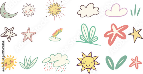 Crayon cloud, sun, star. Chalk kid moon, wind, cloud pastel illustration