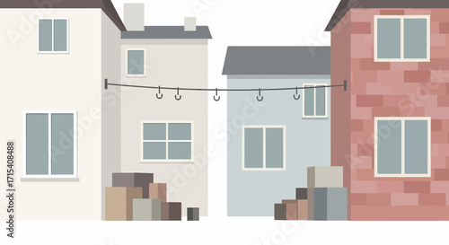 Cartoon illustration of buildings with stacked boxes and clothesline.