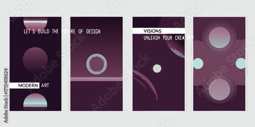 Modern abstract art design with circles and brush strokes on a dark purple background