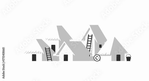 Grayscale illustration of a village with thatched roofs and ladders.