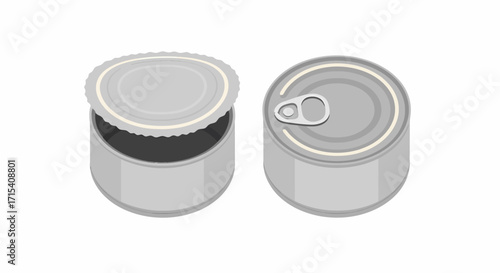Two Silver Metal Food Cans One Open and One Closed.