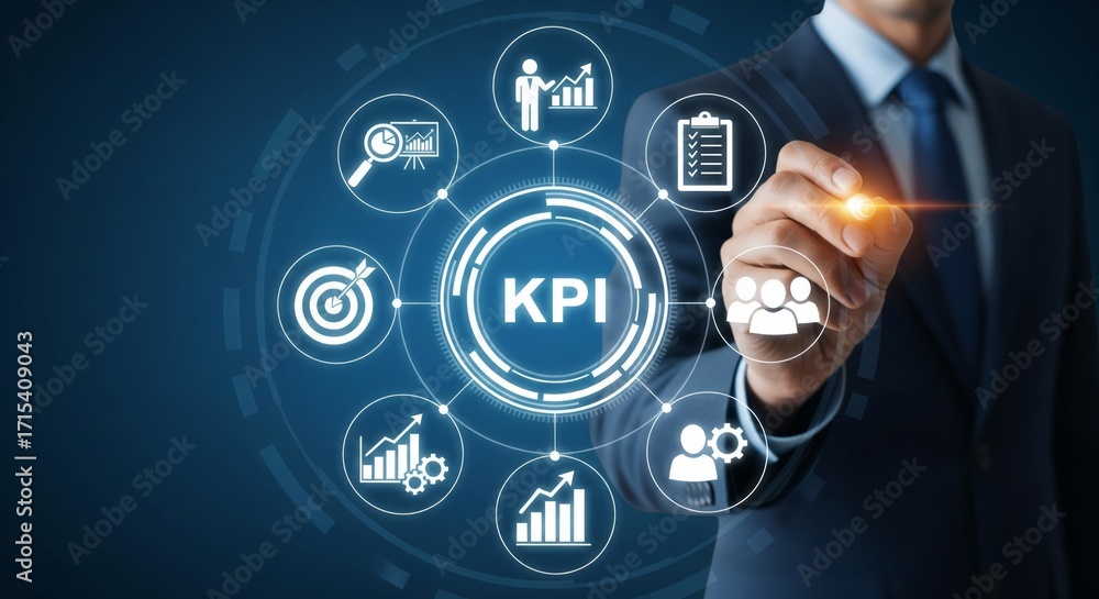 Fototapeta premium KPI Business Dashboard with Key Performance Indicators Icons in Futuristic HUD Style