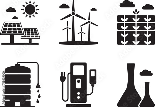 Sustainable energy icons: solar, wind, agriculture, water, electric