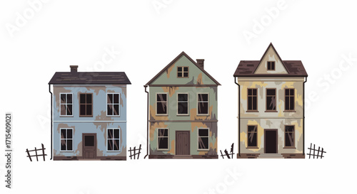 Row of Three Distressed TwoStory Houses with Varying Roof Styles.