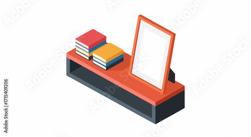 Isometric Illustration of a Modern Shelf with Books and Frame.