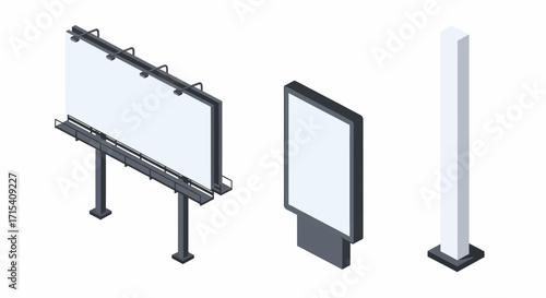 Three types of advertising display structures including a billboard a digital display and a pillar.