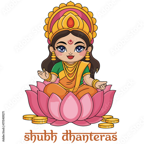 Cute cartoon Goddess Lakshmi on lotus with coins, Shubh Dhanteras greeting.