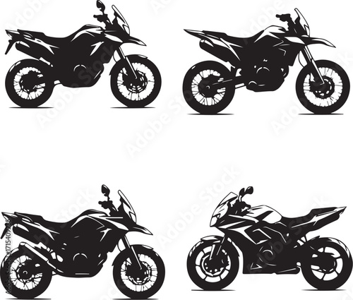 Four motorcycle silhouettes diverse styles isolated silhouette