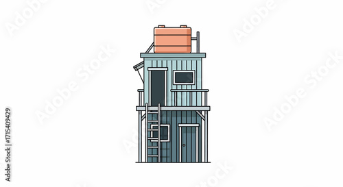 Cartoon wooden stilt house with ladder and rooftop water tank.