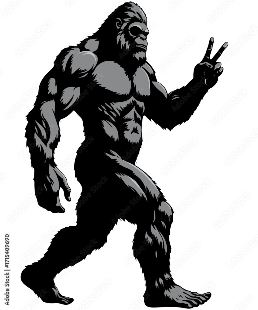 Fototapeta premium Vector illustration of Bigfoot a peace sign with his fingers