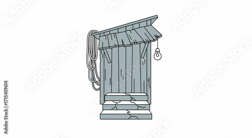 Cartoon Outhouse with Light Bulb and Steps.