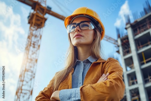 Confident female construction worker wearing safety helmet and glasses standing with arms crossed at a construction site with cranes and building structures in the background under blue sky