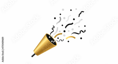 Golden party popper exploding with black white and gold confetti.