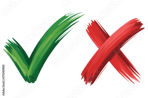 Green brush check mark and red brush cross, hand drawn approval icons.