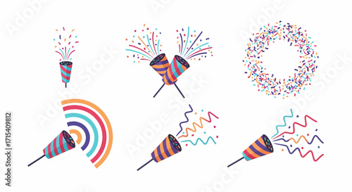 A vibrant collection of colorful party popper illustrations with exploding confetti and streamers for festive celebrations.