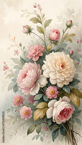 A soft watercolor painting of a lush bouquet featuring pink peonies, cream dahlias, and delicate roses with green foliage, set against a light background.