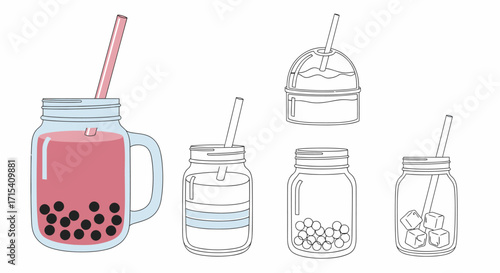 A set of handdrawn style illustrations featuring bubble tea with tapioca pearls and other cold drinks in glass jars and plastic cups.