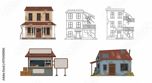Dilapidated TwoStory House with Porch and Damaged Roof.