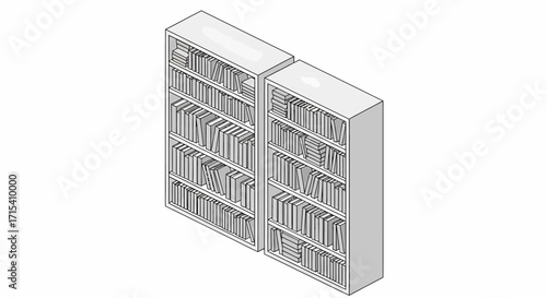 Two Isometric Bookshelves Filled with Books Gray Scale Illustration.