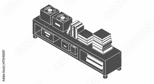 Isometric Bookshelf with Vinyl Records and Books Illustration.