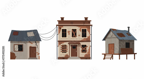 Three dilapidated buildings shack twostory house and elevated cabin.