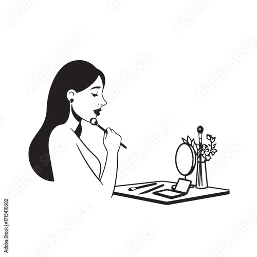 Black and white line art of a beautiful woman doing makeup at dressing table with mirror illustration