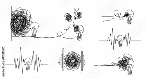 Set of handdrawn illustrations showing chaos complexity and clarity with tangled lines and lightbulbs.