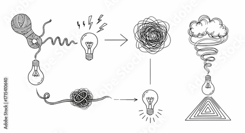 Conceptual Idea Process From Confusion to Clarity with Light Bulbs and Tangled Lines.