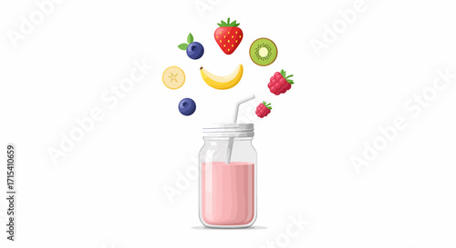Fresh Fruit Smoothie in Mason Jar with Floating Berries Banana and Kiwi Ingredients.