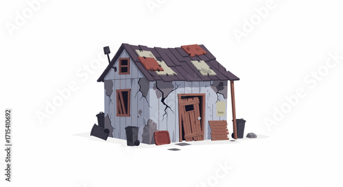 Dilapidated Wooden Shack with Damaged Roof and Broken Door.
