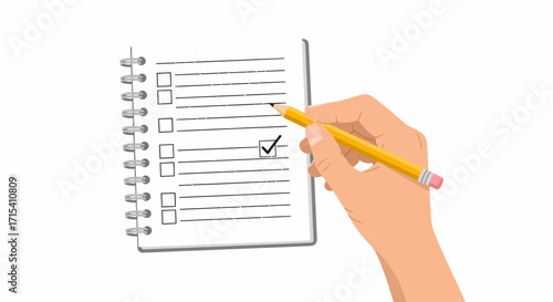Hand holding a yellow pencil marking a checkbox on a spiral notebook todo list.